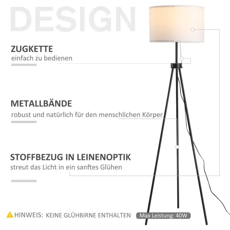 Golvlampa E27 Stål och Polyester Svart Tripod