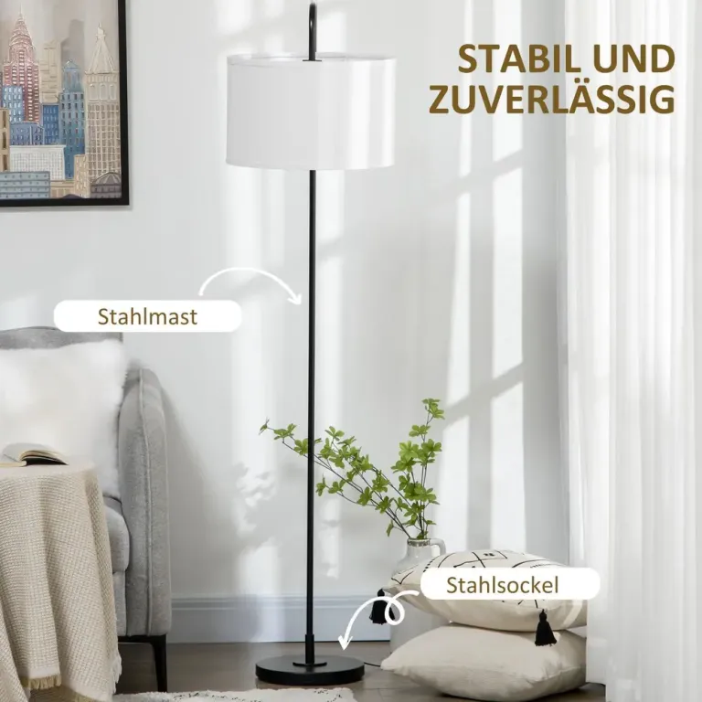 Golvlampa Svart av Metall Lampa, Vit Rund Tygskärm