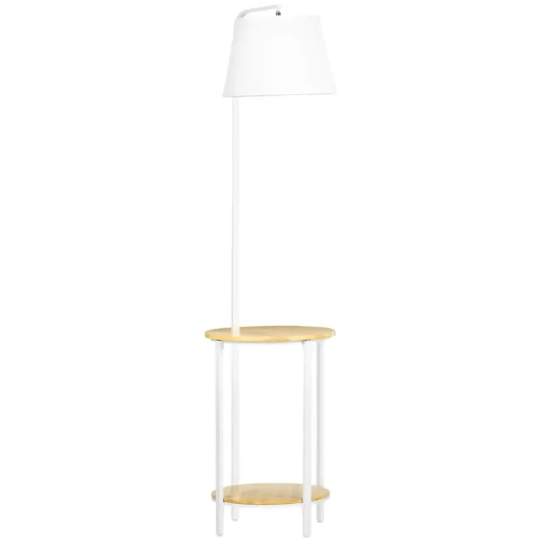 Golvlampa med 2 Hyllor i Bambu och Tygskärm E27, Vit Sidobord Natur