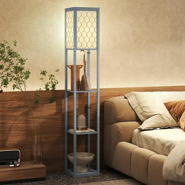 Golvlampa med Hylla Ljusgrå MDF Kompakt 3 Fack, Vit Skulptural