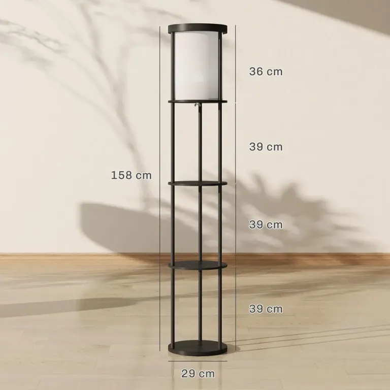 Golvlampa med Hyllor Svart MDF och Tyg Hylllampa 3 Plan Rund Hylla