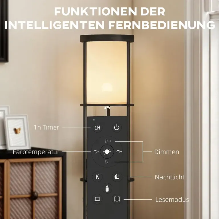 Golvlampa med Hyllor Svart MDF och Tyg Hylllampa 3 Plan Rund Hylla
