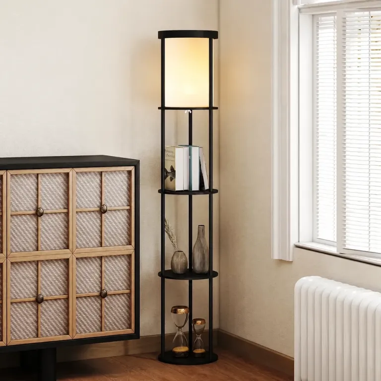 Golvlampa med Hyllor Svart MDF och Tyg Hylllampa 3 Plan Rund Hylla