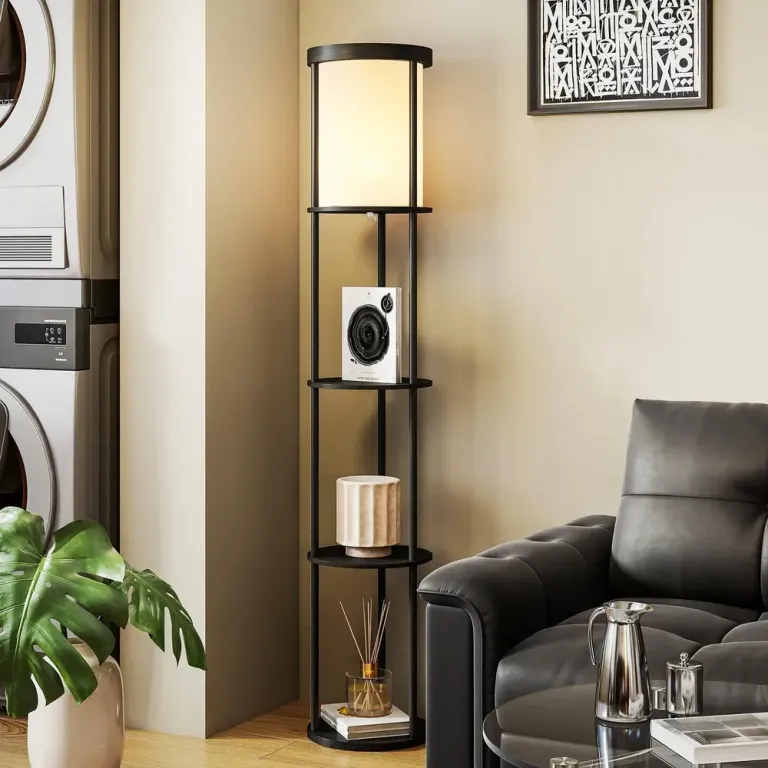 Golvlampa med Hyllor Svart MDF och Tyg Hylllampa 3 Plan Rund Hylla