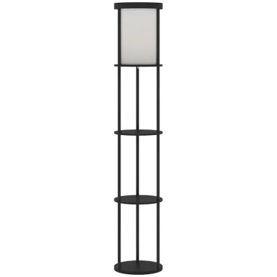 Golvlampa med Hyllor Svart MDF och Tyg Hylllampa 3 Plan Rund Hylla