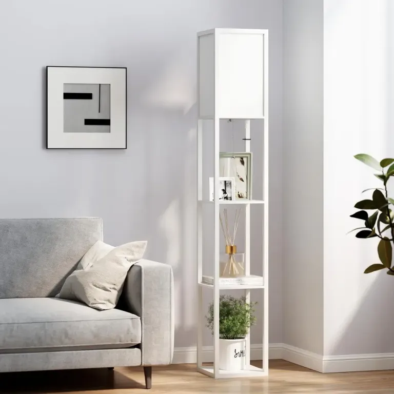 Golvlampa med Hyllor Trä (utan Glödlampa) Hyllplan Tygskärm Modern