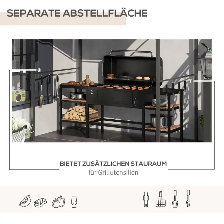 Grillpaviljong med Sidohyllor Grilltält Regnskydd Stålram Redskap