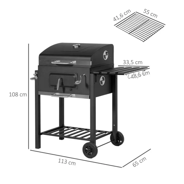 Grillvagn Kolgrill Svart av Rostfritt Lock Rökare Hylla Grillgaller