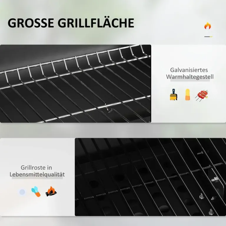 Grillvagn Kolgrill Svart av Rostfritt Lock Rökare Hylla Grillgaller