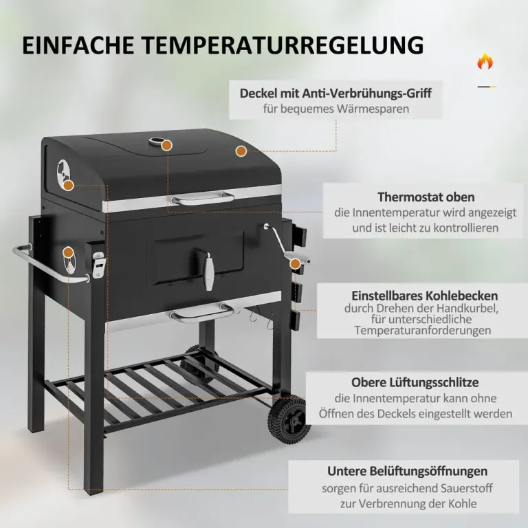 Grillvagn Kolgrill Svart av Rostfritt Lock Rökare Hylla Grillgaller