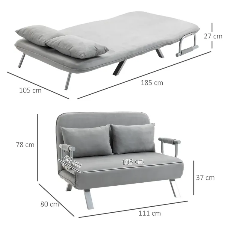Bäddsoffa 2-Sits Dubbelsoffa med Kuddar Gästsäng Grå
