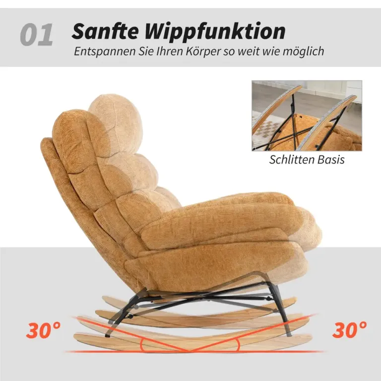 Gungstol Gul Tyg och Trä Fåtölj med Stålben och Mjuk 70 cm Chenille