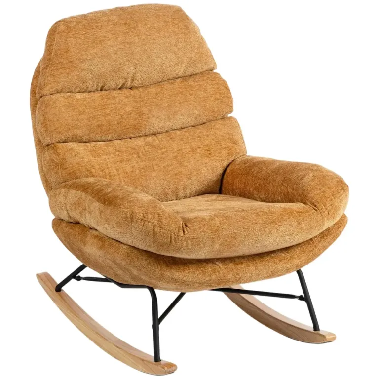 Gungstol Gul Tyg och Trä Fåtölj med Stålben och Mjuk 70 cm Chenille