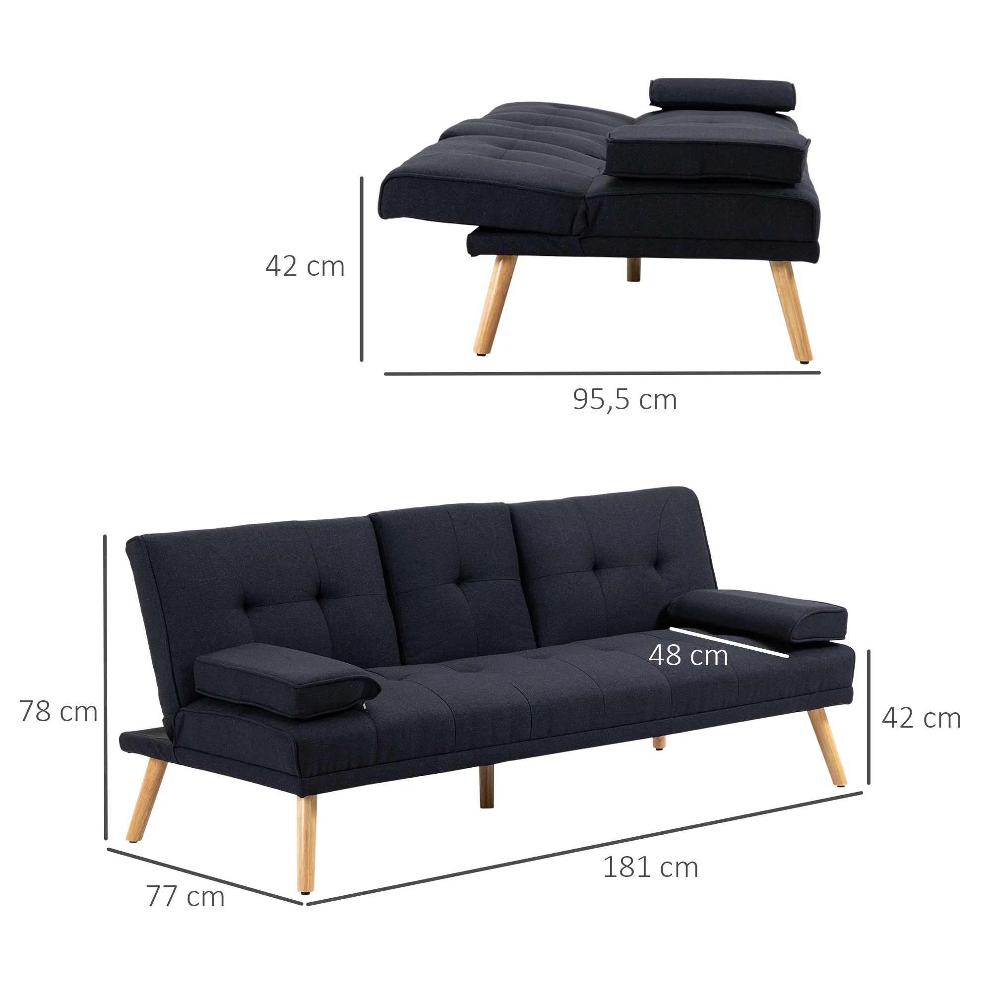 Bäddsoffa Soffa Stoppad med Bord och Mugghållare Grå 3-Sits