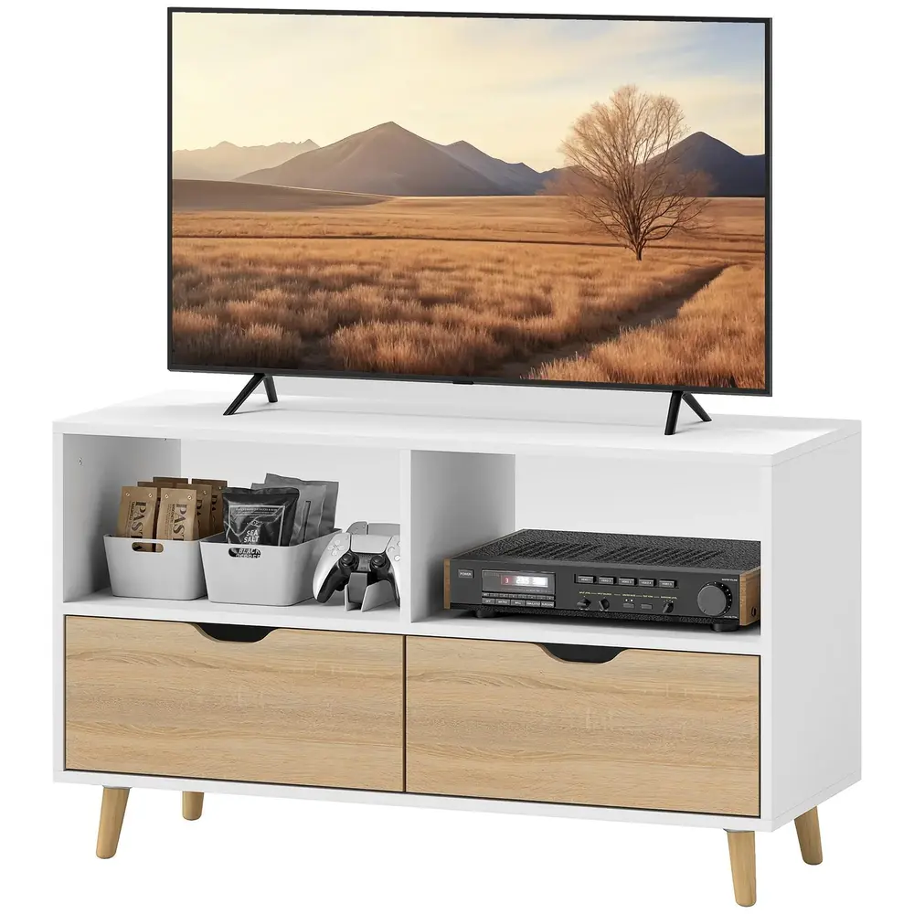 TV-Bänk TV-Skåp Lowboard med Låda Vit av Trä TV-Bord 99 Cm
