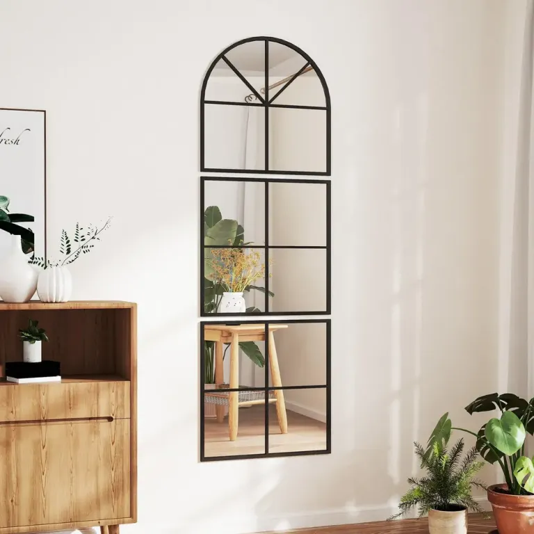 Tredelad Välvd Väggspegel med Metallram, Svart Golvfönsterdesign