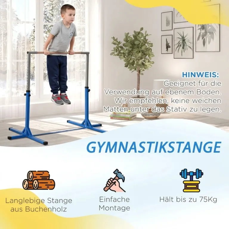 Gymnastikstång i Trä och Stål Justerbar 13 Lägen, Blå