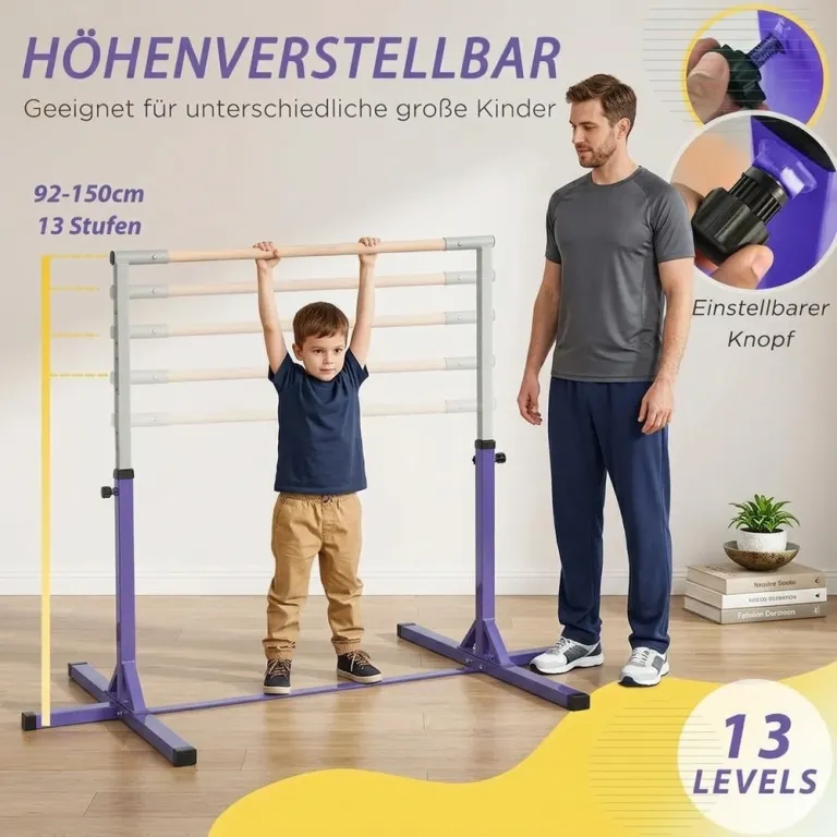 Gymnastikstång i Trä och Stål Justerbar 13 Lägen, Lila Höjdjusterbar
