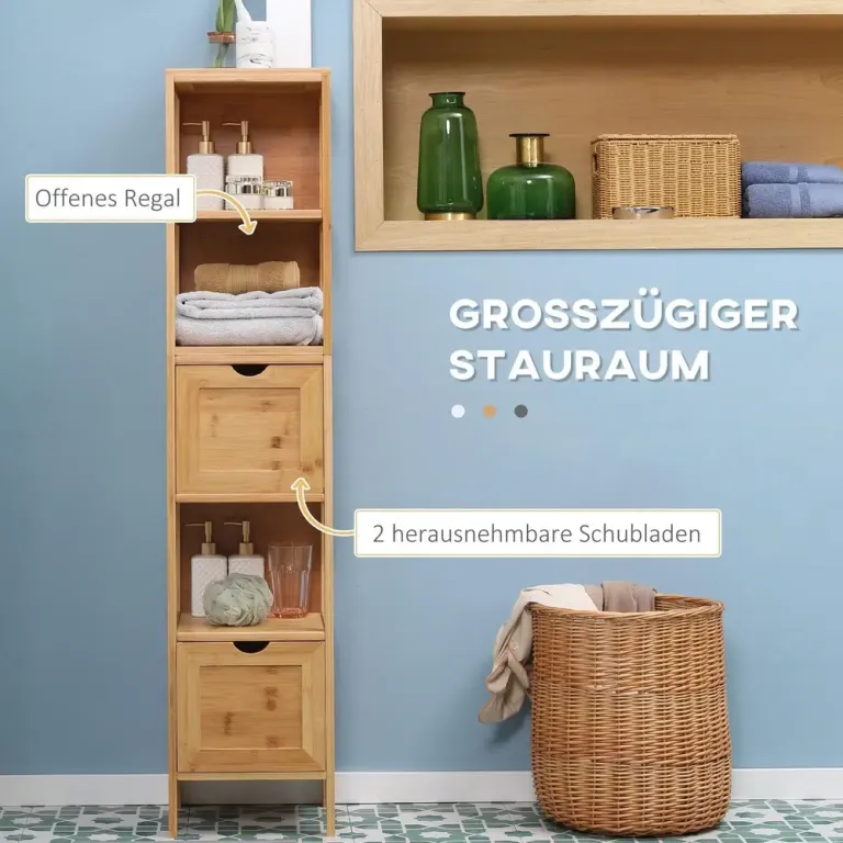 Högt Badrumsskåp i Bambu med 2 Lådor, Natur Hyllor Naturlig
