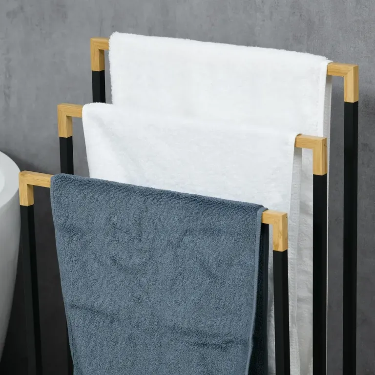 Handduksställ Badhanddukshållare Svart av Stål och Bambu Stående