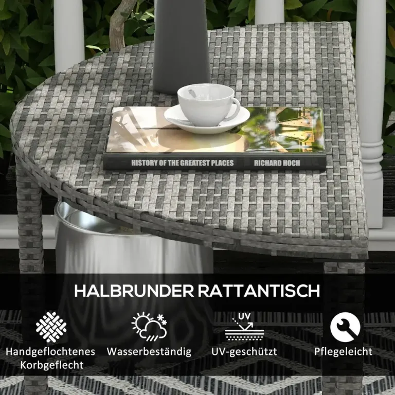Halvrunt Balkongbord i Konstrotting och Metall, Grått