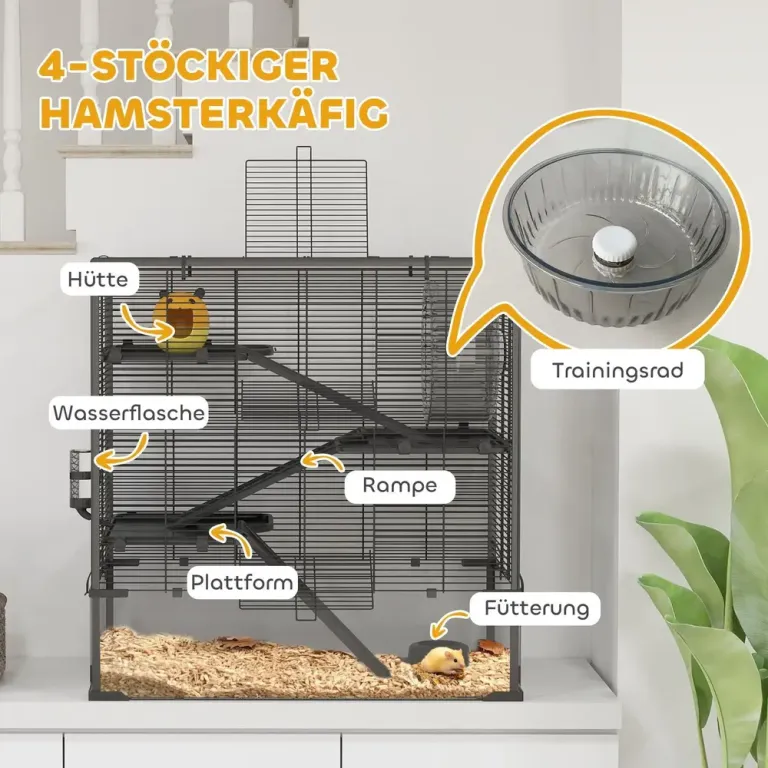 Gnagarbur 4-Vånings Bur Hamsterbur Nivåer Svart
