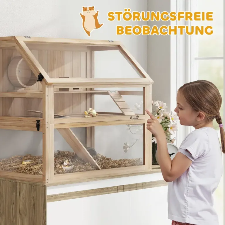 Hamsterbur i Trä 3 Nivåer Löphjul Naturträ