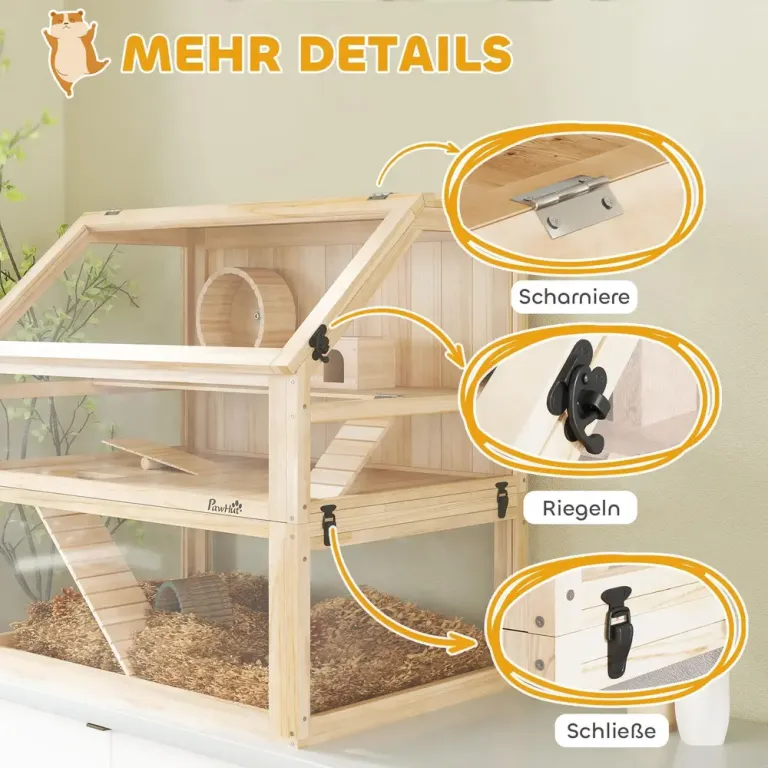 Hamsterbur i Trä 3 Nivåer Löphjul Naturträ