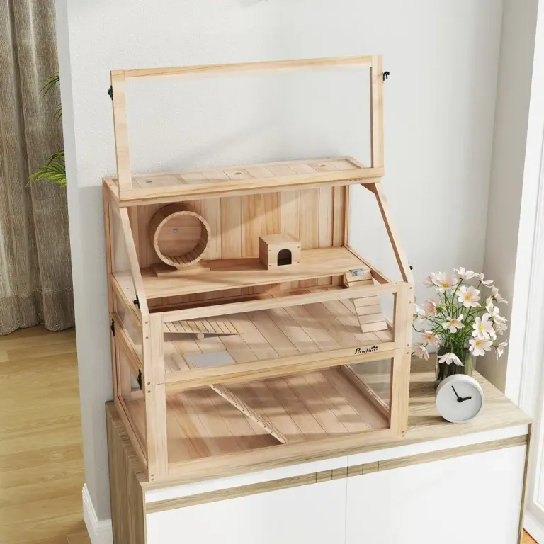 Hamsterbur i Trä 3 Nivåer Löphjul Naturträ