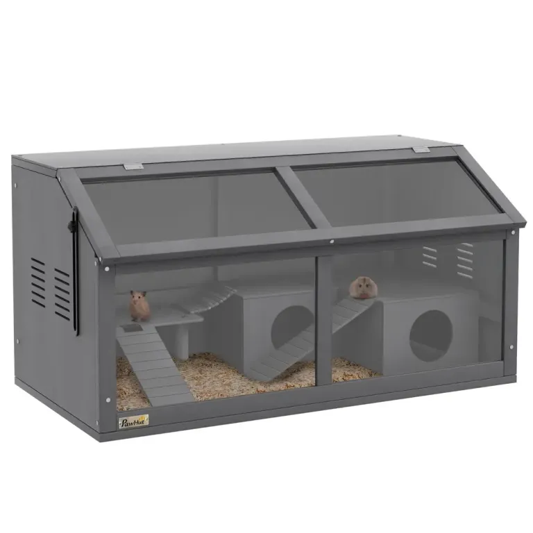 Hamsterbur i Trä med Hängbro och Stegar Mörkgrå