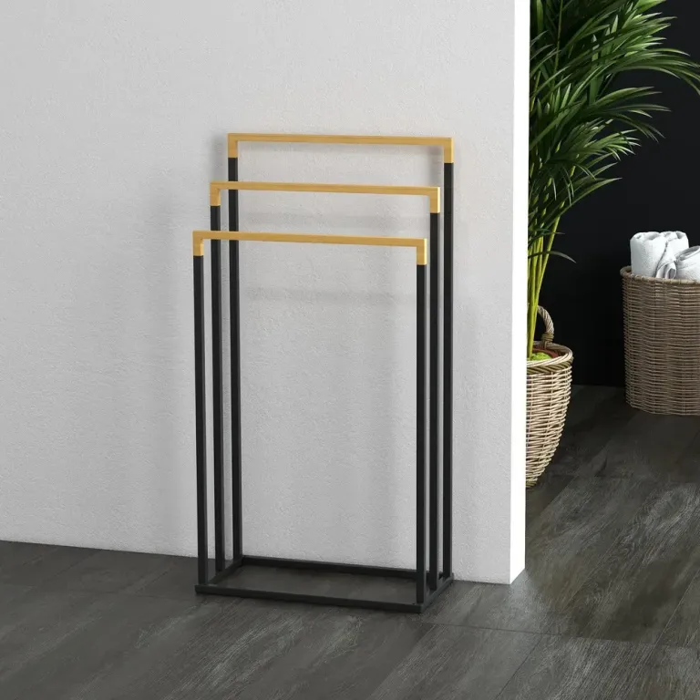 Handduksställ Badhanddukshållare Svart av Stål och Bambu Stående