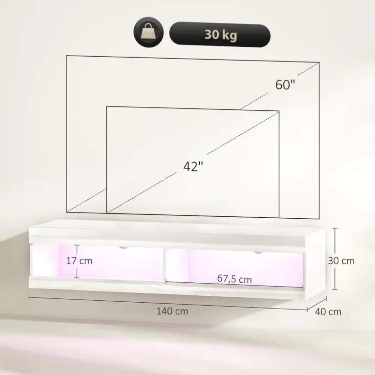 Hängande TV-Skåp med RGB LED-Belysning i 16 Bänk Väggmonterad