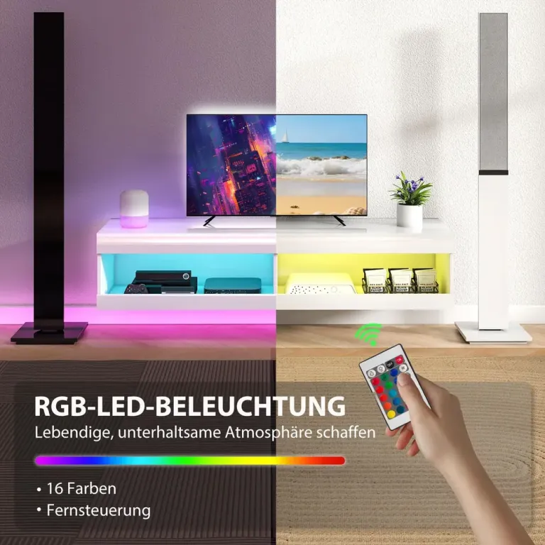 Hängande TV-Skåp med RGB LED-Belysning i 16 Bänk Väggmonterad