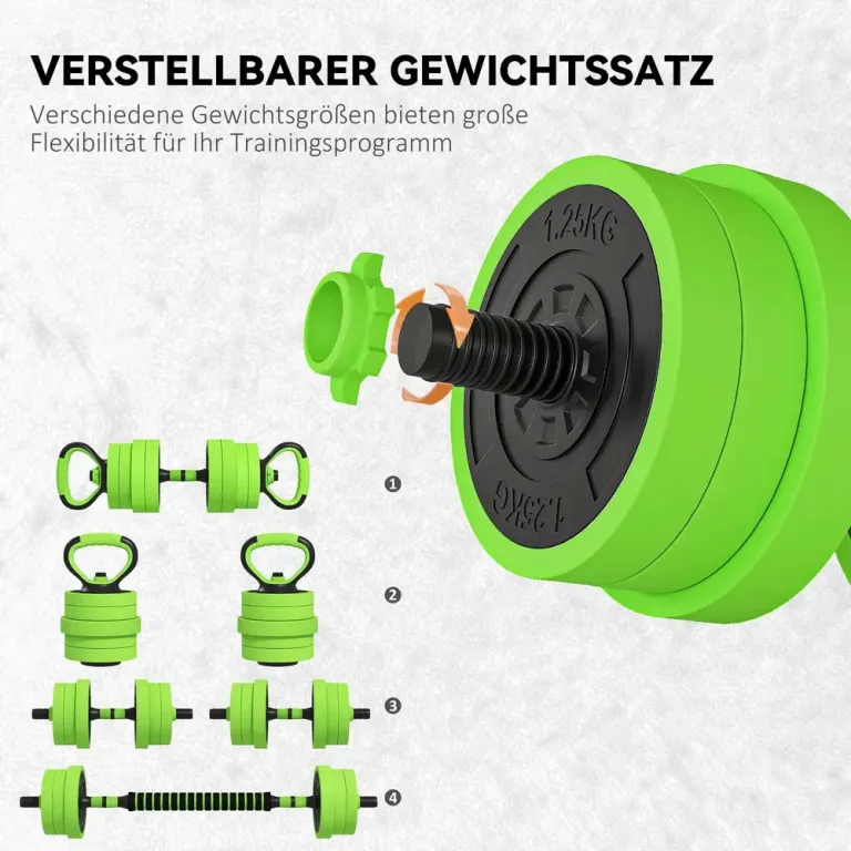 Hantelset 4 i 1 med Skivstång och Kettlebell Justerbar Grön