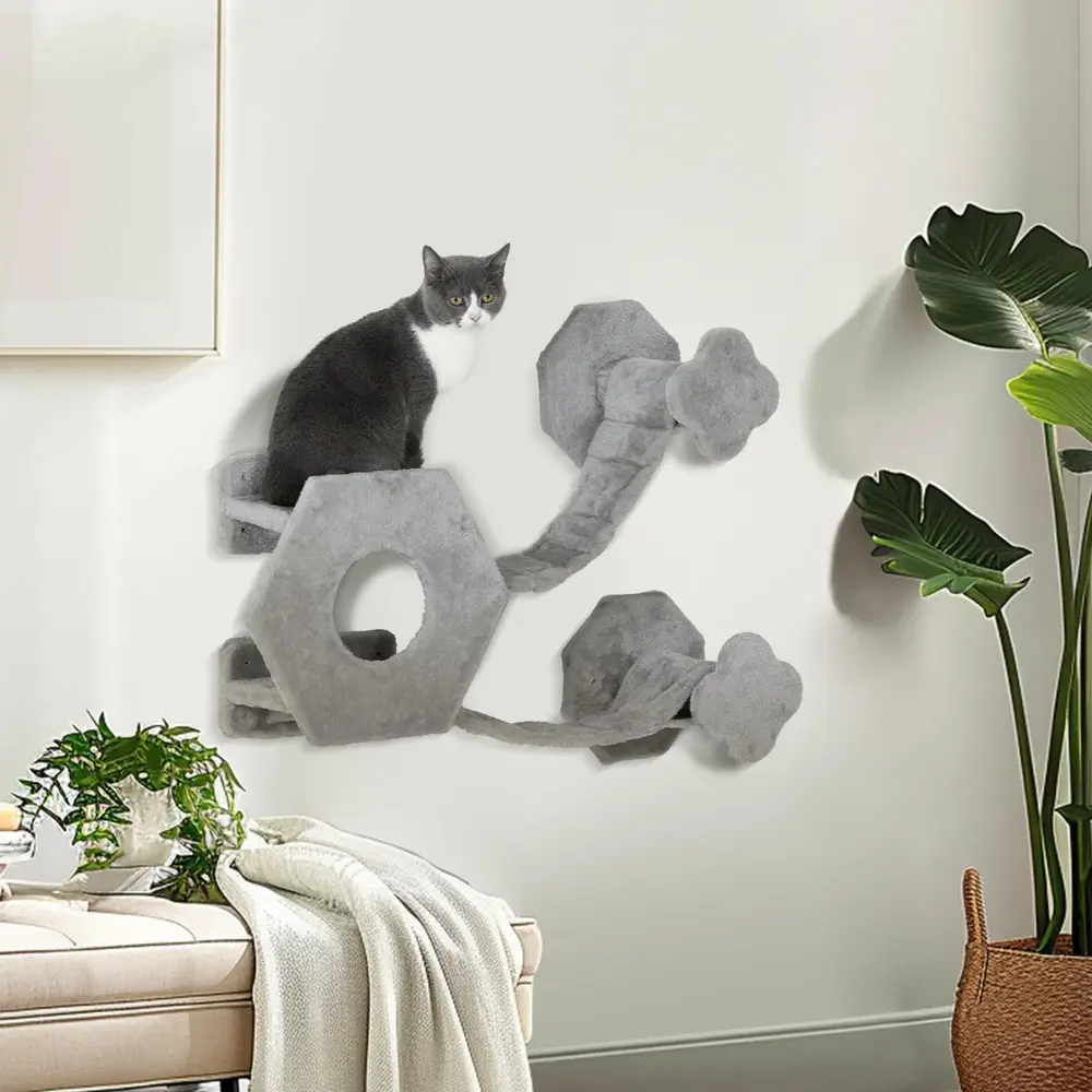 Kattklättervägg Kattmöbel Ljusgrå av Trä och Tyg för Katter
