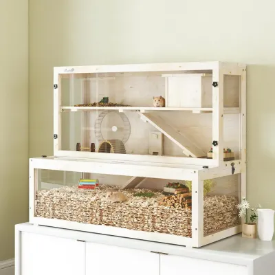 Hamsterbur 3 Våningar Naturfärgad Trä och Plexiglas