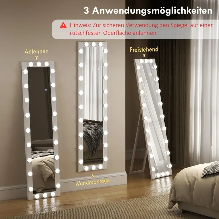 Helfigursspegel Golvspegel med LED-Ljus Vit Ram