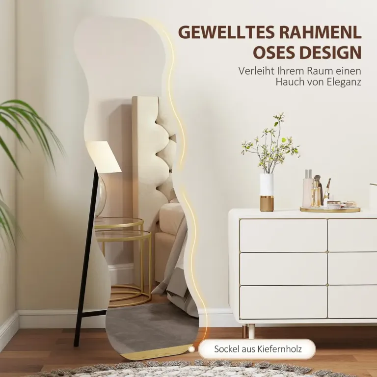 Helfigursspegel Vågformad Ramlös med Träfot Svart Golvspegel Ramfri
