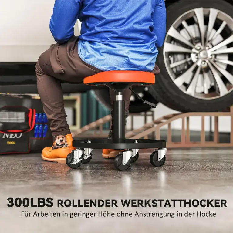 Verkstadspall Höjdjusterbar med Hjul 38–50 cm, Orange Hjulfot