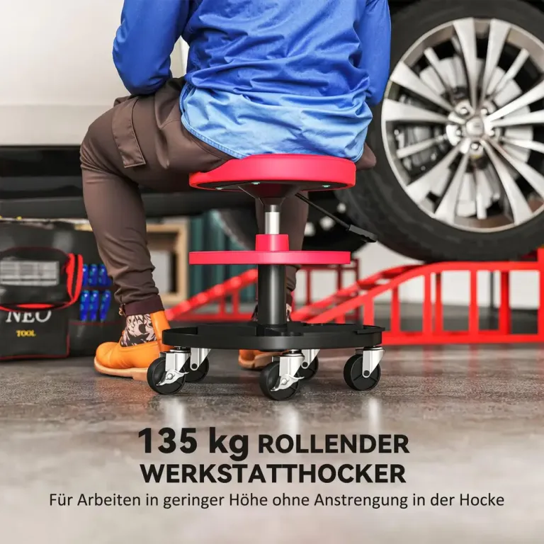 Verkstadspall Höjdjusterbar med Hjul 40–51 cm, Röd Sänkbar Dubbel