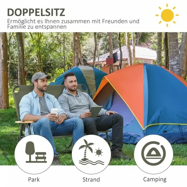 Hopfällbar Campingstol med Armstöd och Mugghållare 2-sits