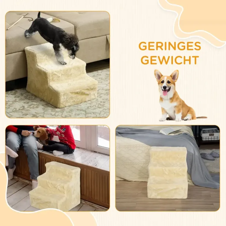 Hopfällbar Djurtrappa 3 Steg, Beige Mysig Husdjurstrappa