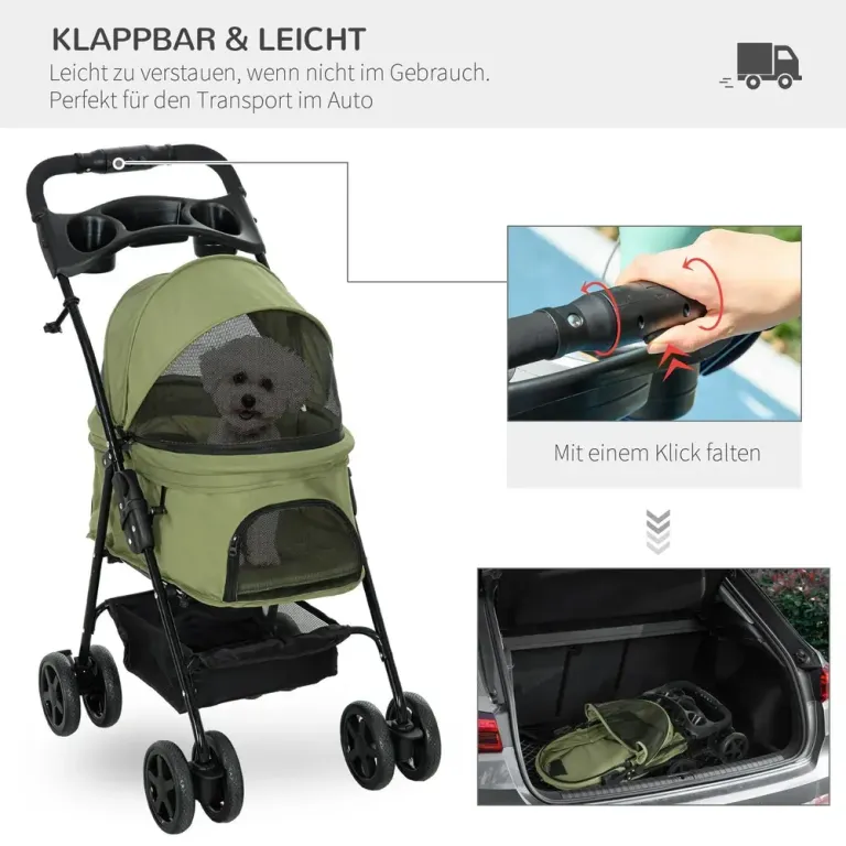 Hopfällbar Hundvagn 2 Säkerhetskoppel 2 Mörkgrön