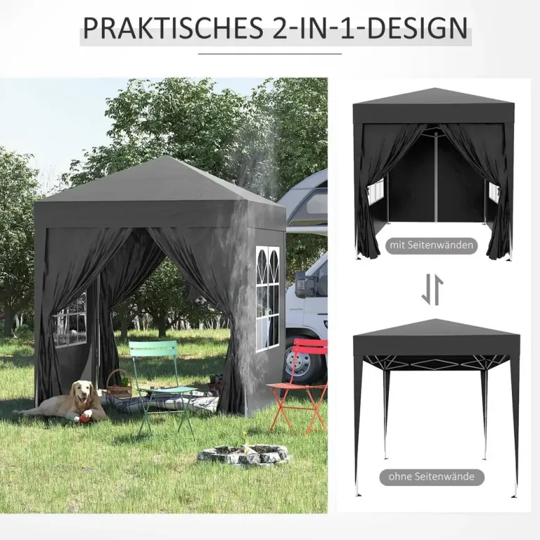 Hopfällbar Paviljong Trädgårdstält Svart av Stål 2 x 2 m