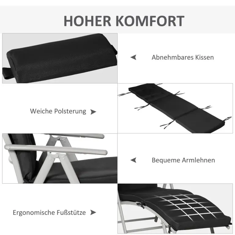 Hopfällbar Solsäng Solstol med Nackkudde 7 Lägen Svart Justerbar