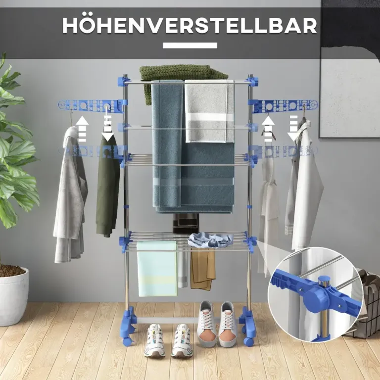 Hopfällbar Torkställning med 4 Våningar och Hjul, Blå