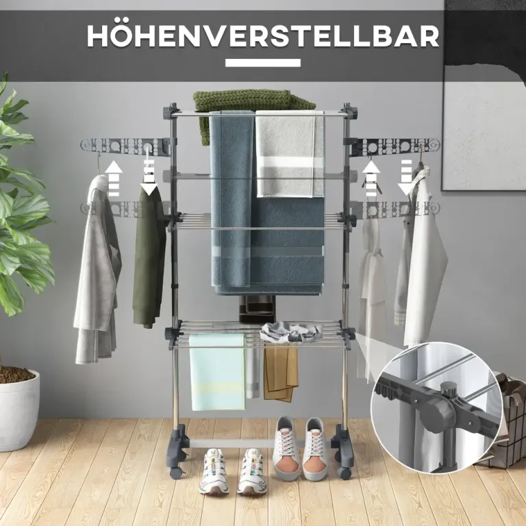 Hopfällbar Torkställning med 4 Våningar och Hjul, Grå