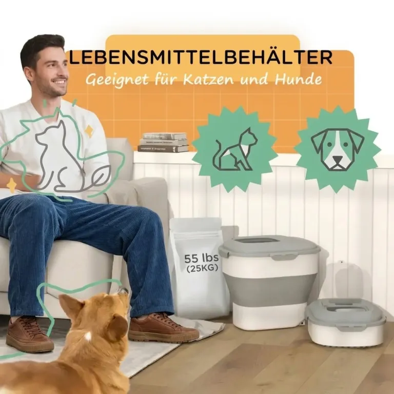 Hopfällbar Foderbehållare för 25 kg, Grå Hund Katt Liter