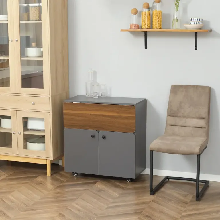 Hopfällbart Bord med Rullskåp 2 Fällbara Köksö Matbord Hjul