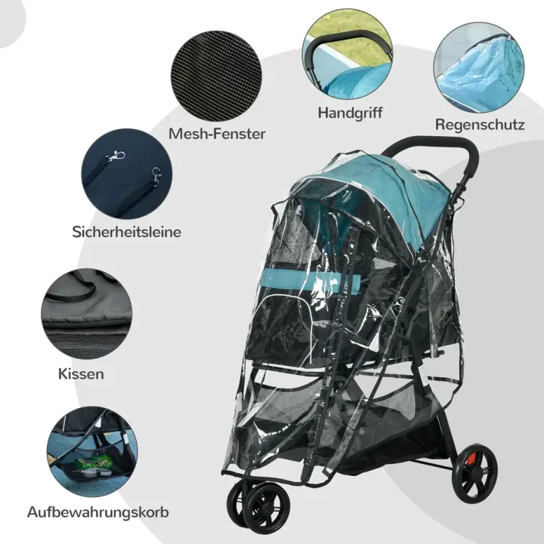 Hundbuggy Upp till 10 kg Vikbart Säkerhetskoppel Hundvagn Regnskydd